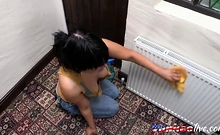 woman working at home downblouse