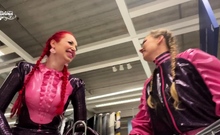An amateur redhead lesbian is eating pussy from a brunette