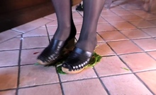 Light femdom and foot fetish play with brunette