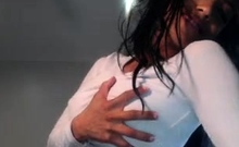 Amateur busty brunette masturbates and does hand job