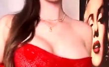 Busty curly brunette with big boobs fucks on couch