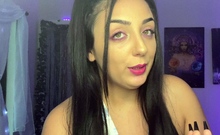 Busty curly brunette with big boobs fucks on couch