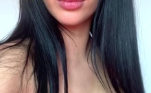 Busty curly brunette with big boobs fucks on couch