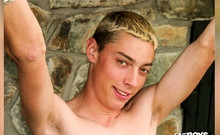Slim boy shows off his body and cock in the garden