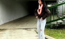 Brunette Flashing Her Titties And Pussy Outdoors In Public